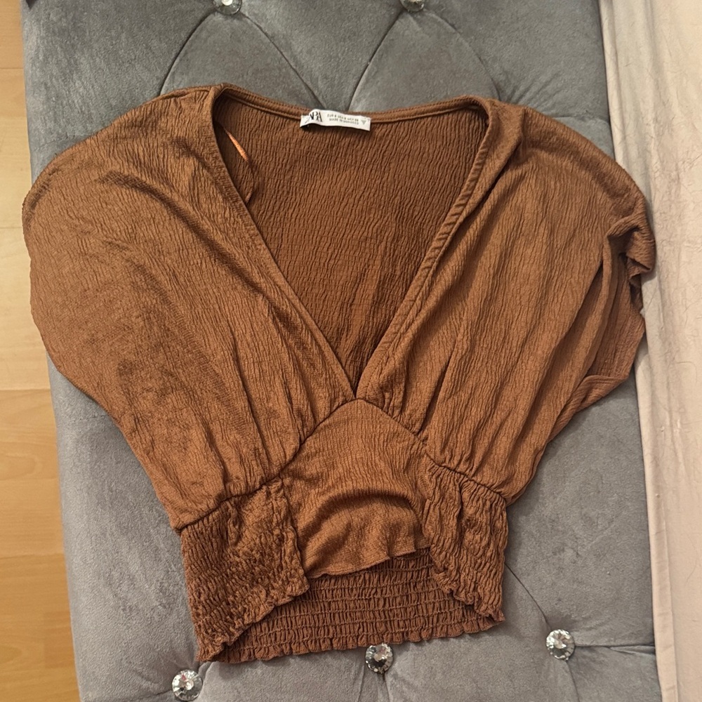 Zara Brown V-Neck Blouse